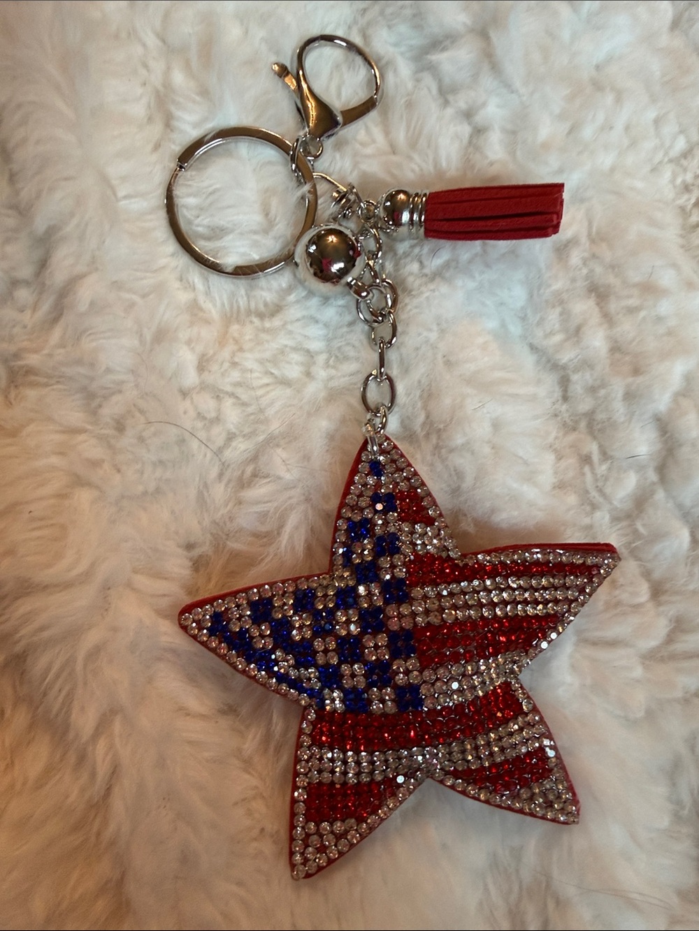 Rhinestone USA Red, White & Blue Star Keychain with Tassel Flag Bag Charm